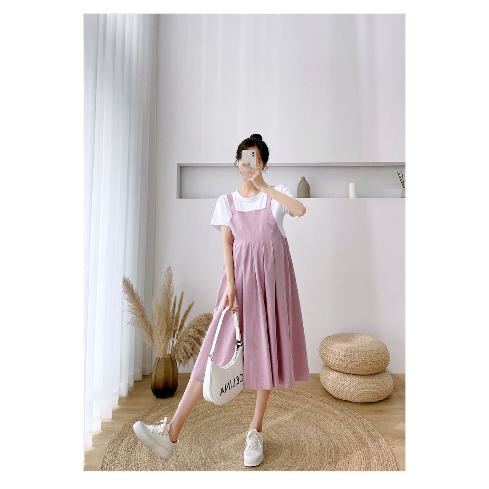 【D5226】 夏日 假兩件 拼接 連衣裙 假二件 背心裙 造型 短袖 長裙 連身裙 長洋裝-圖片-7