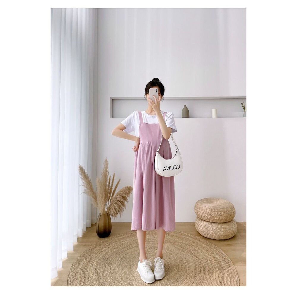 【D5226】 夏日 假兩件 拼接 連衣裙 假二件 背心裙 造型 短袖 長裙 連身裙 長洋裝-圖片-9