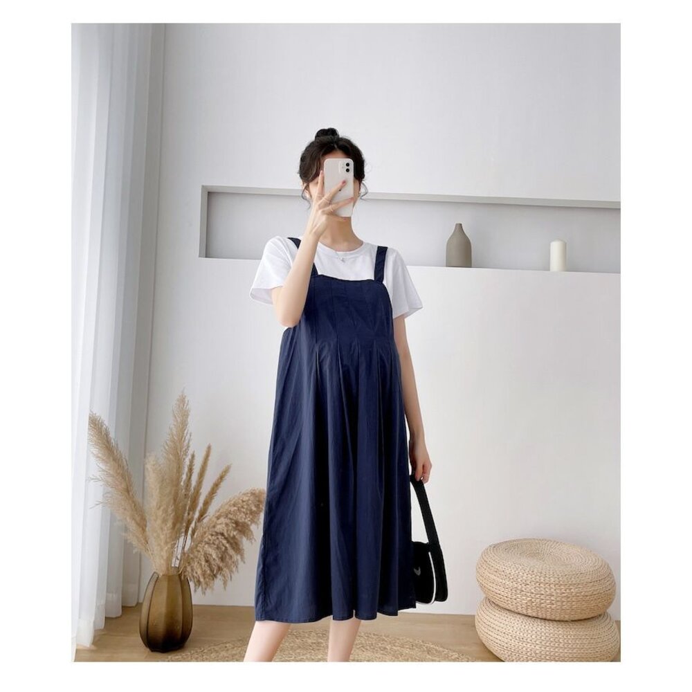 【D5226】 夏日 假兩件 拼接 連衣裙 假二件 背心裙 造型 短袖 長裙 連身裙 長洋裝-圖片-10