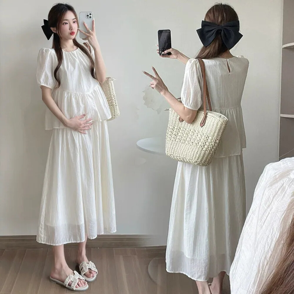  【D5259】 夏日 韓系 蝴蝶結 假兩件 連身 長裙 實拍 洋裝 短袖 孕婦長裙 孕婦裝