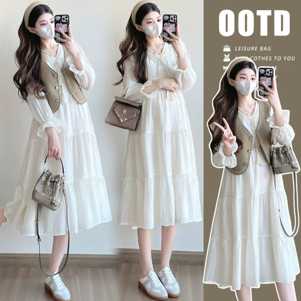  【D5418】早春 法式 薄款 純色 親膚 連衣裙 洋裝 長袖 韓系 孕婦裝 實拍 不含馬甲背心