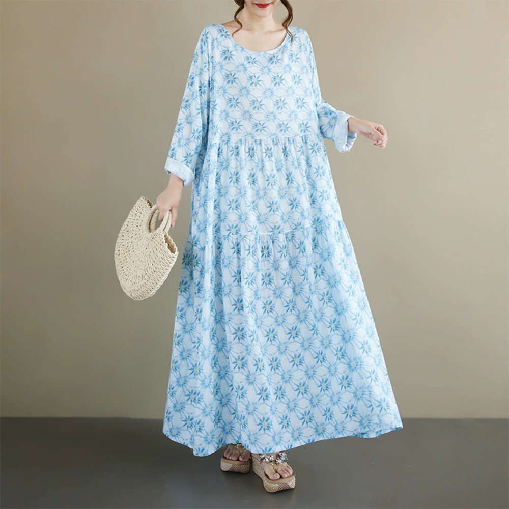  【D5743】 初秋 清新 花朵 印花 長袖 連身裙 洋裝 寬鬆 長洋裝 實拍 文藝 中大尺碼