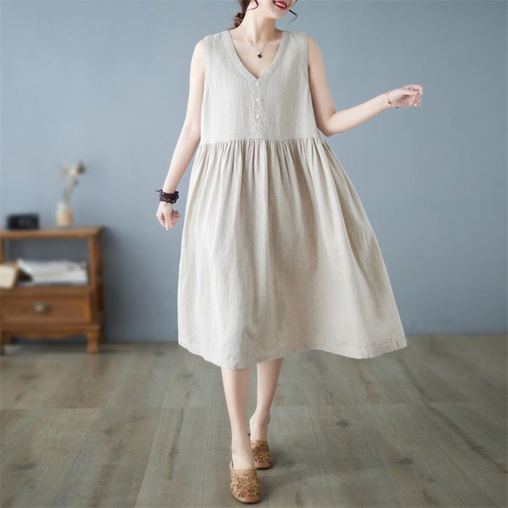 【D5795】 夏日 棉麻 V領 日系 無袖 背心連身裙 實拍 文藝 中大尺碼 洋裝 純色 洋裝-圖片-1