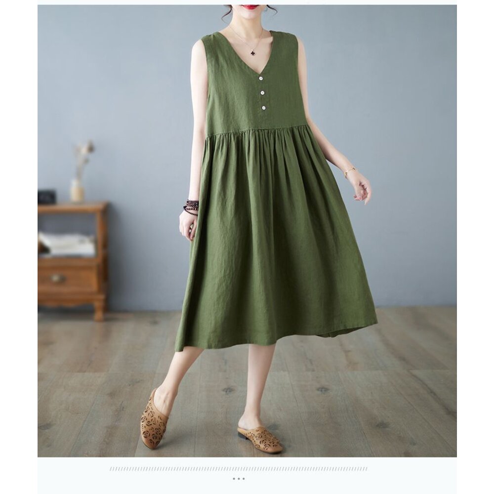 【D5795】 夏日 棉麻 V領 日系 無袖 背心連身裙 實拍 文藝 中大尺碼 洋裝 純色 洋裝-圖片-2