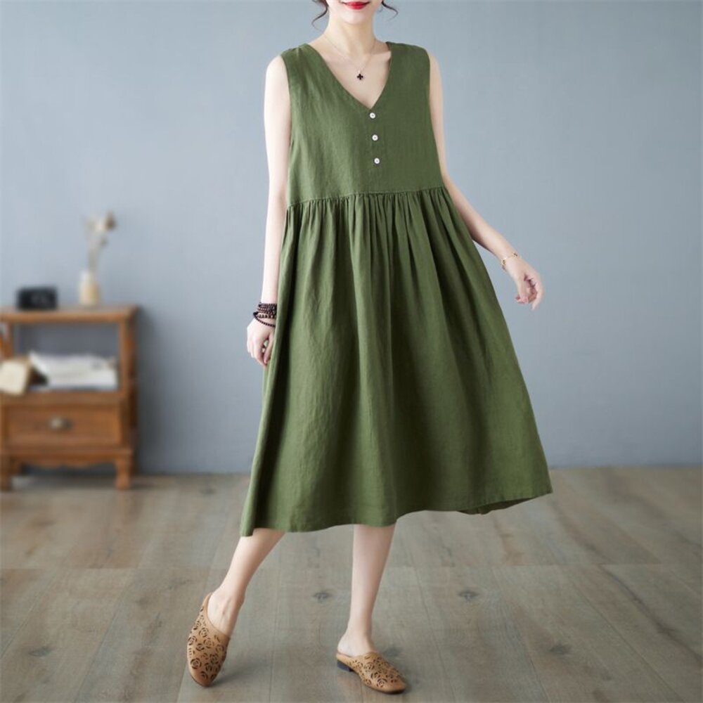 【D5795】 夏日 棉麻 V領 日系 無袖 背心連身裙 實拍 文藝 中大尺碼 洋裝 純色 洋裝-圖片-3