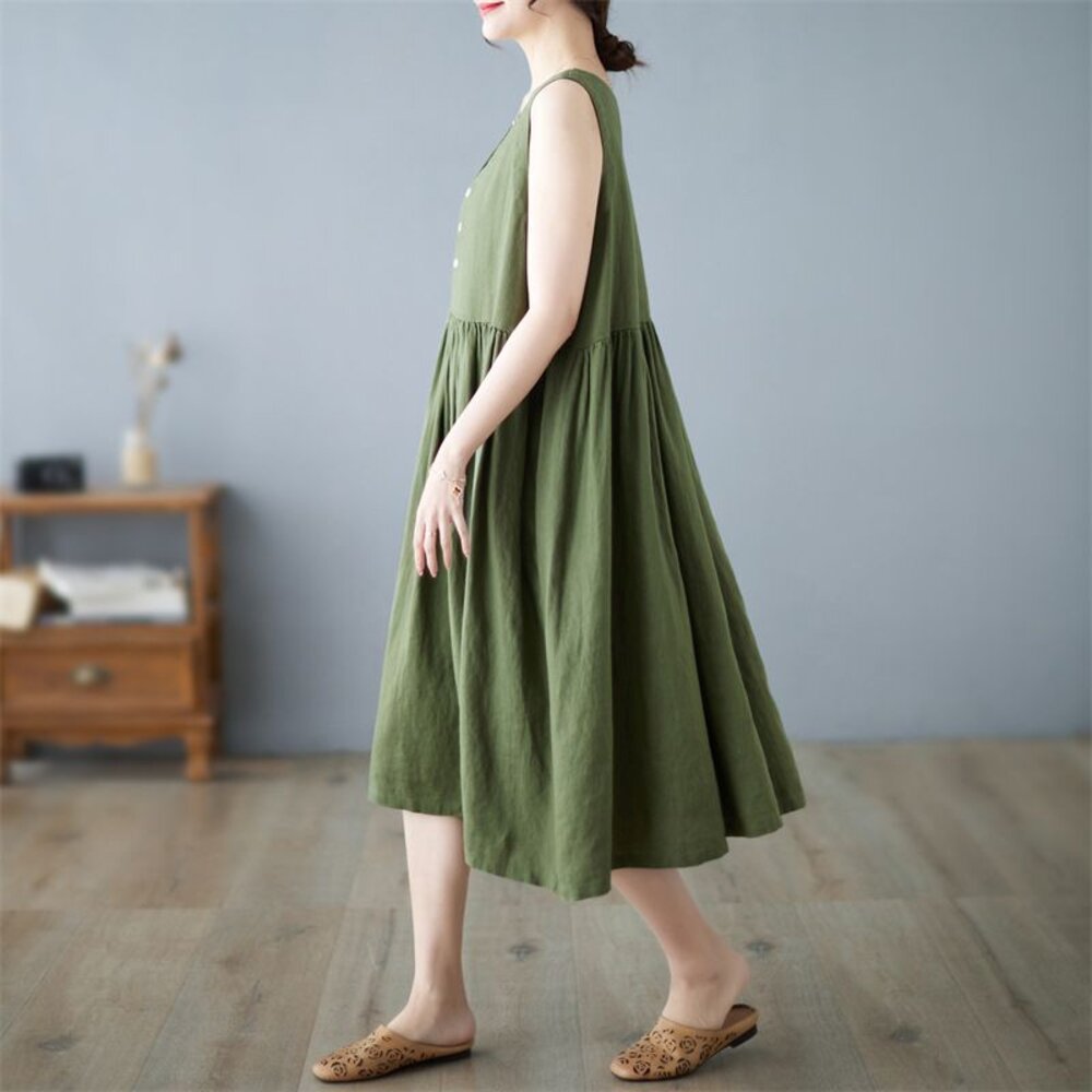 【D5795】 夏日 棉麻 V領 日系 無袖 背心連身裙 實拍 文藝 中大尺碼 洋裝 純色 洋裝-圖片-4