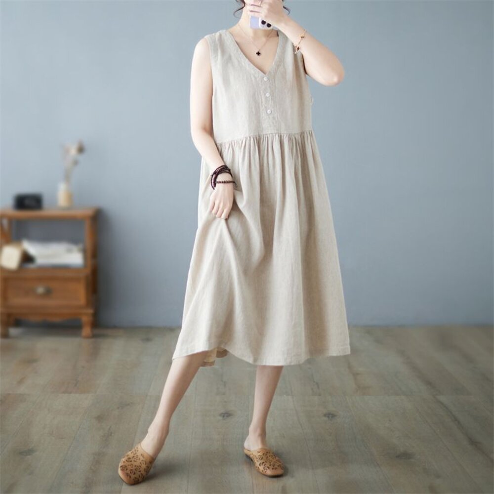 【D5795】 夏日 棉麻 V領 日系 無袖 背心連身裙 實拍 文藝 中大尺碼 洋裝 純色 洋裝-圖片-5