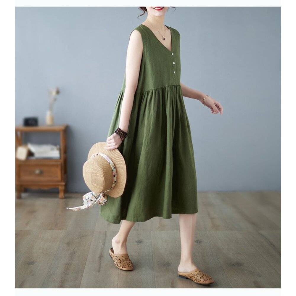 【D5795】 夏日 棉麻 V領 日系 無袖 背心連身裙 實拍 文藝 中大尺碼 洋裝 純色 洋裝-圖片-6