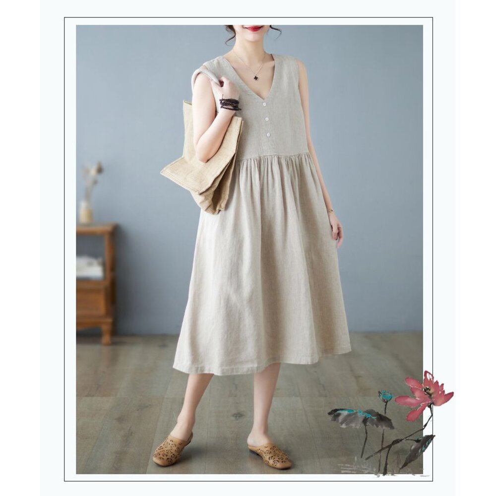 【D5795】 夏日 棉麻 V領 日系 無袖 背心連身裙 實拍 文藝 中大尺碼 洋裝 純色 洋裝-圖片-7