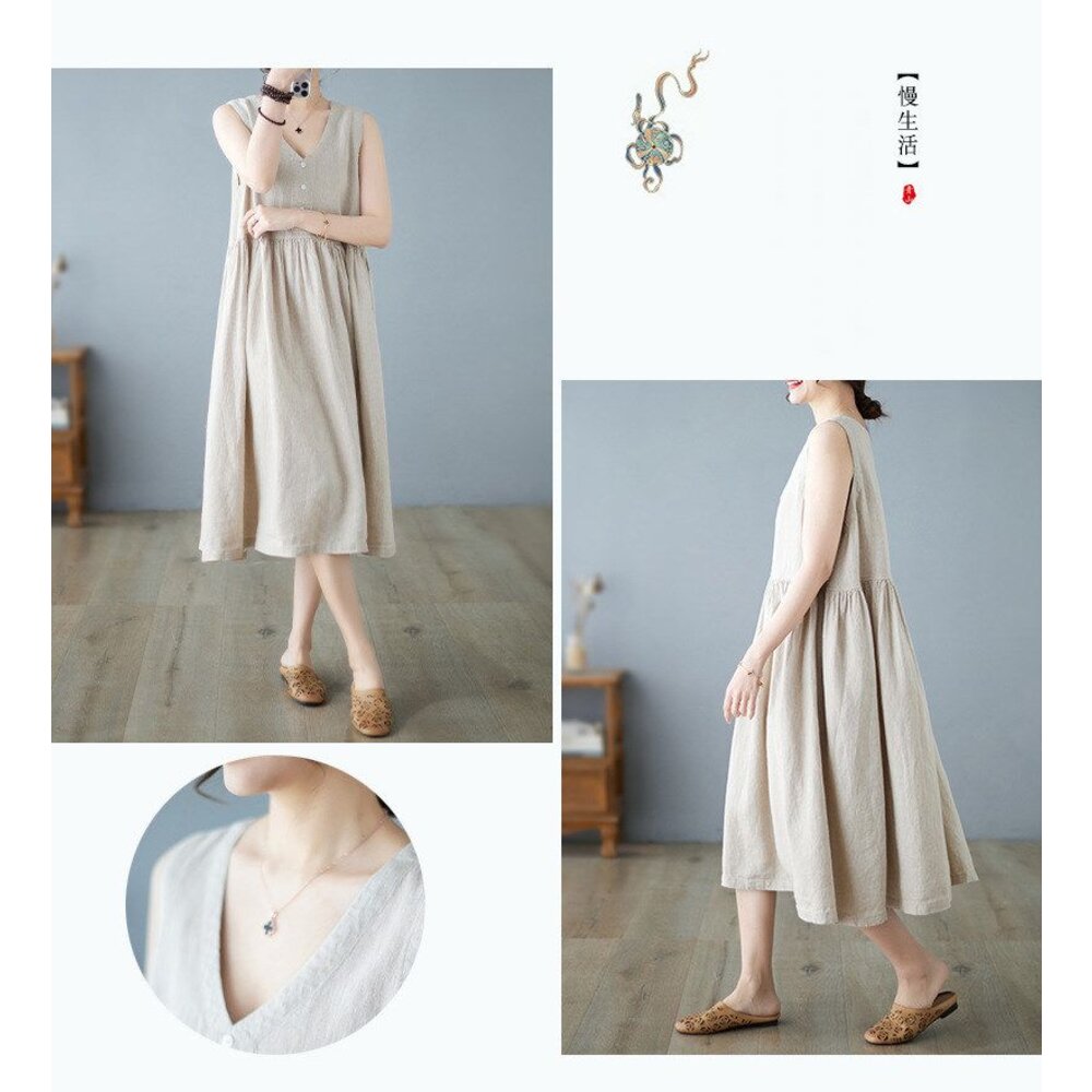 【D5795】 夏日 棉麻 V領 日系 無袖 背心連身裙 實拍 文藝 中大尺碼 洋裝 純色 洋裝-圖片-8