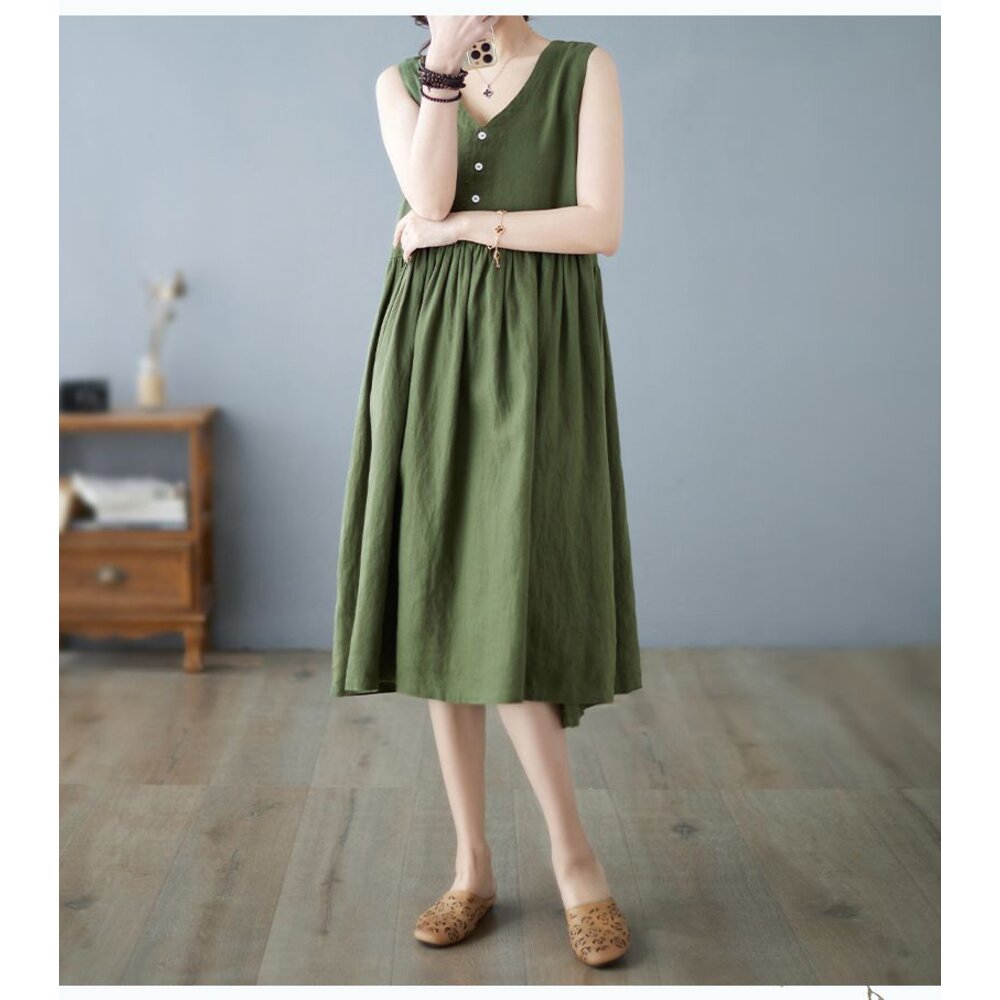 【D5795】 夏日 棉麻 V領 日系 無袖 背心連身裙 實拍 文藝 中大尺碼 洋裝 純色 洋裝-圖片-9