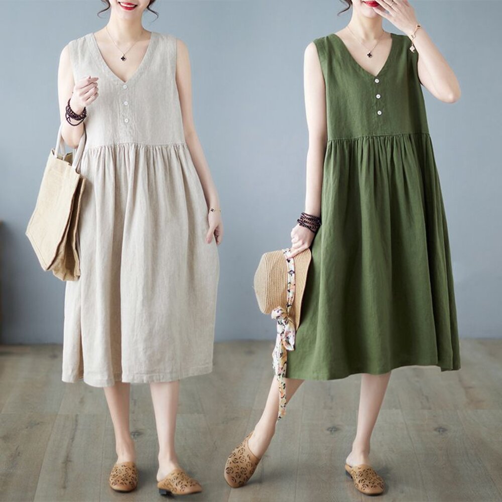【D5795】夏日棉麻V領日系無袖背心連身裙實拍文藝中大尺碼洋裝純色洋裝