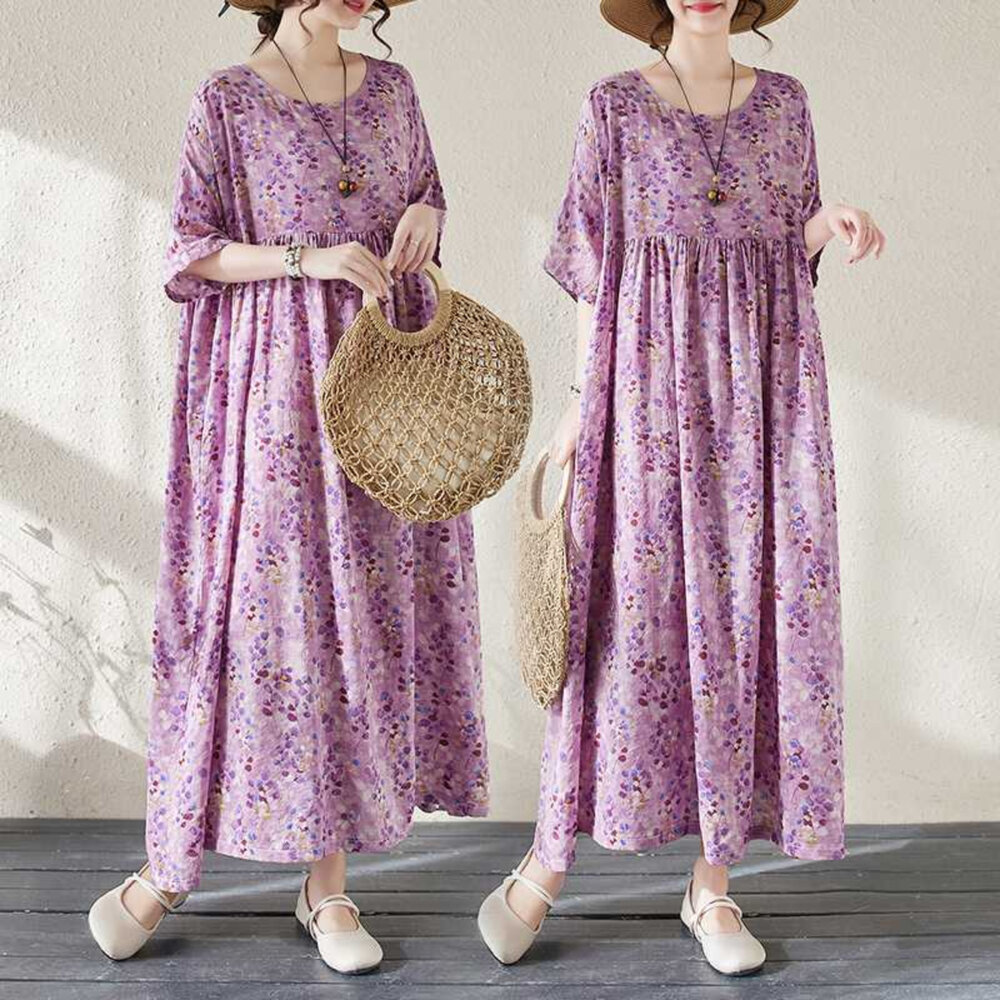 D6146-【D6146】 夏日 度假風 棉麻 碎花 印花 洋裝 棉麻 連身裙 短袖 實拍 文藝 長裙 加大尺碼