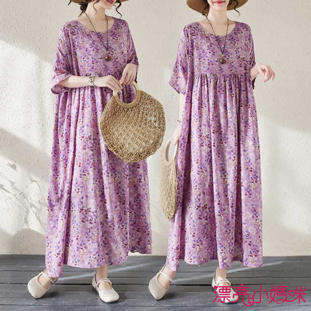  【D6146】 夏日 度假風 棉麻 碎花 印花 洋裝 棉麻 連身裙 短袖 實拍 文藝 長裙 加大尺碼