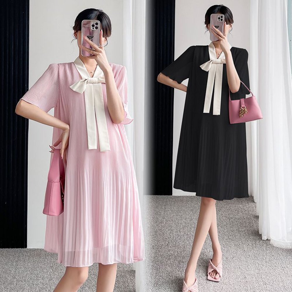 【D6217】 夏日 V領 蝴蝶結 韓系洋裝 百褶 雪紡 短袖 孕婦裝  綁帶 孕婦洋裝 封面照片