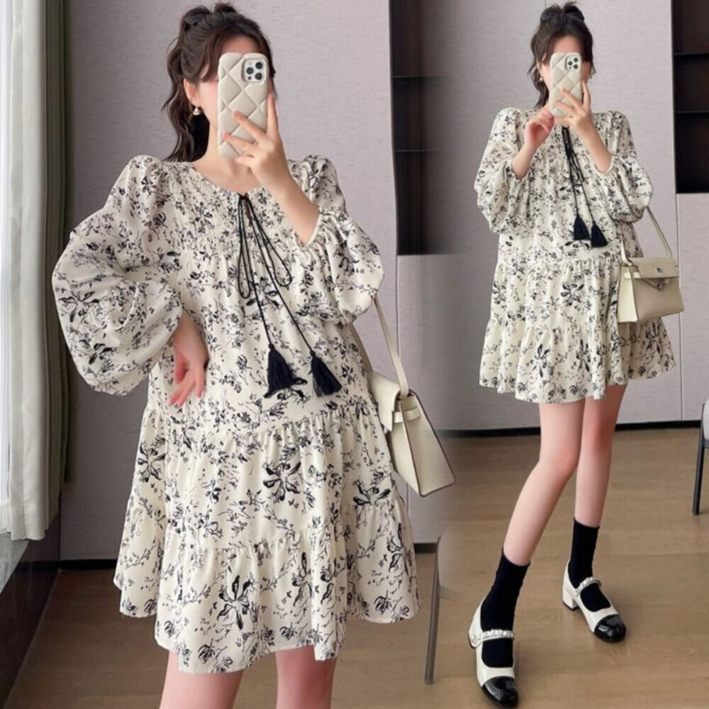 D6310-【D6310】 早秋 碎花 印花 雪紡 洋裝 長袖 韓系 孕婦裝 碎花裙