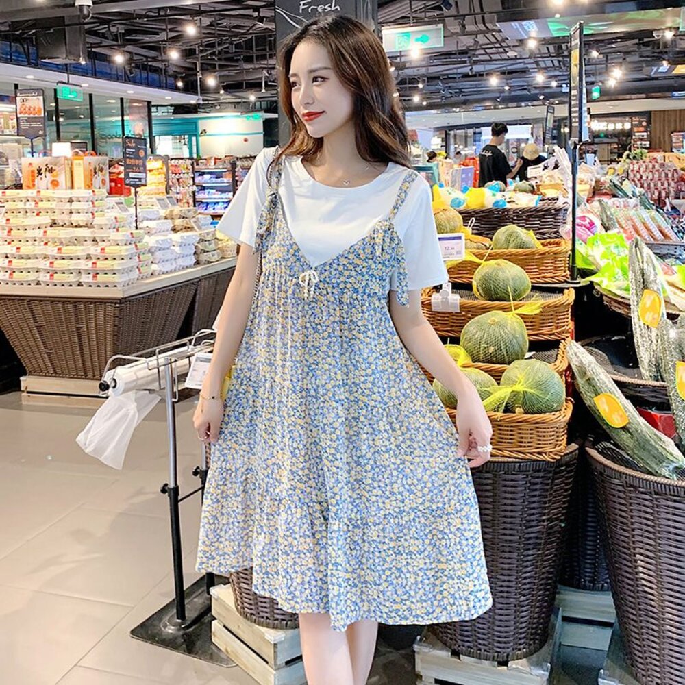 【D6388】 夏日 短袖 假兩件 雪紡 碎花 吊帶裙 拼接 短袖 背心洋裝 假二件 背心裙造型 洋裝 韓系 實拍-圖片-1