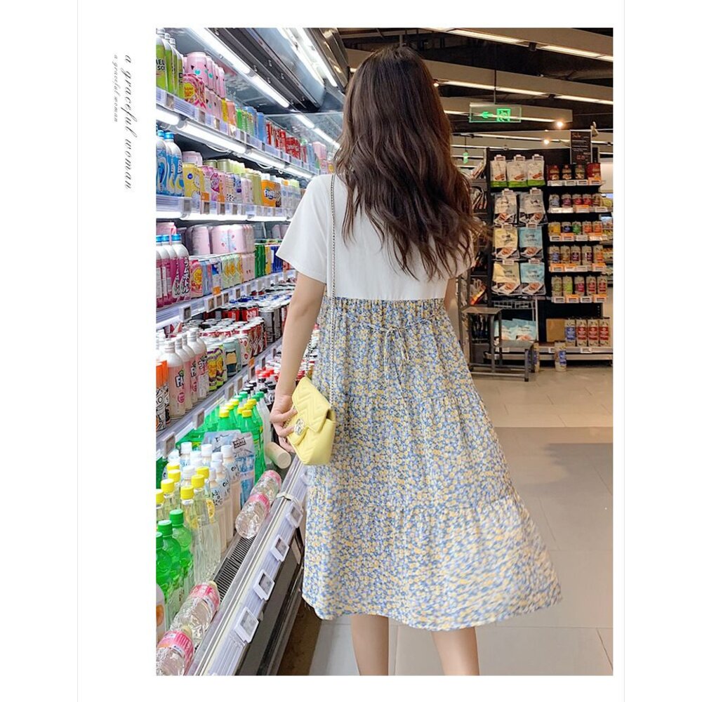 【D6388】 夏日 短袖 假兩件 雪紡 碎花 吊帶裙 拼接 短袖 背心洋裝 假二件 背心裙造型 洋裝 韓系 實拍-圖片-4