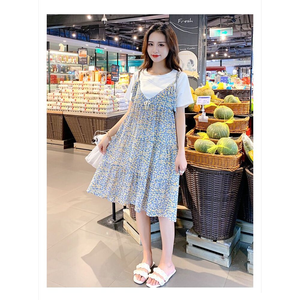 【D6388】 夏日 短袖 假兩件 雪紡 碎花 吊帶裙 拼接 短袖 背心洋裝 假二件 背心裙造型 洋裝 韓系 實拍-圖片-8