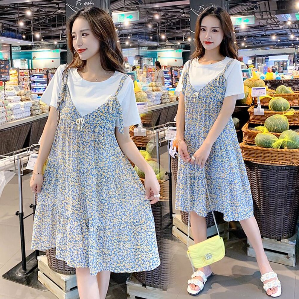 【D6388】 夏日 短袖 假兩件 雪紡 碎花 吊帶裙 拼接 短袖 背心洋裝 假二件 背心裙造型 洋裝 韓系 實拍 封面照片