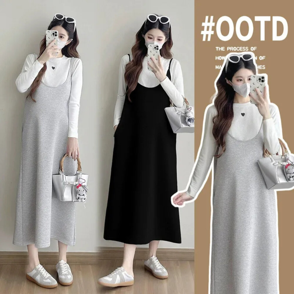 D6414-【D6414】秋冬 細肩 U領 背心長裙 無袖 吊帶裙 孕婦裝 背心裙 吊帶長裙 不含上衣