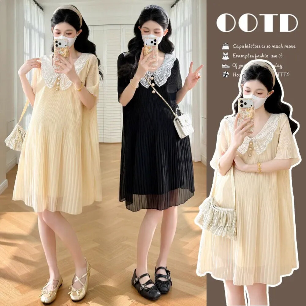 D6443-【D6443】 夏日 蕾絲 娃娃領 V領 韓系洋裝 百褶 雪紡 短袖 孕婦裝 孕婦洋裝