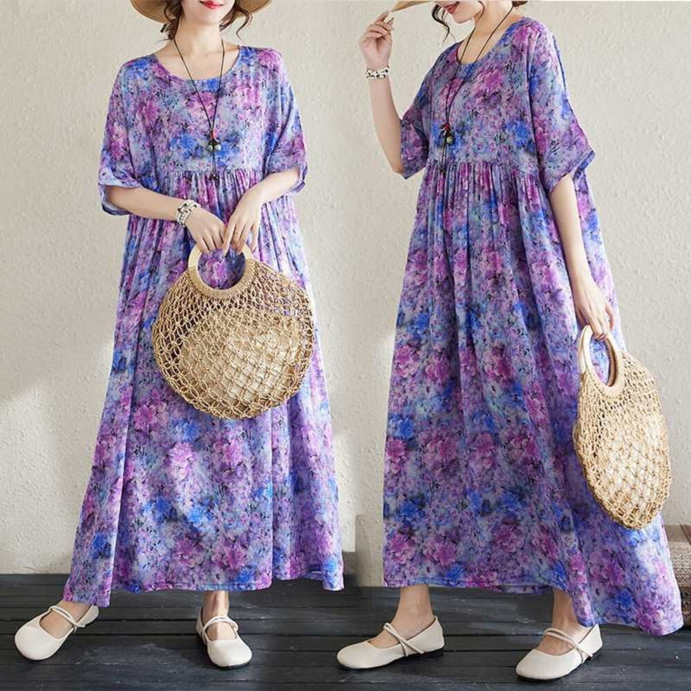 D6546-【D6546】 夏日 波西米亞 度假風 印花 洋裝 棉麻 連身裙 短袖 實拍 文藝 長裙 加大尺碼