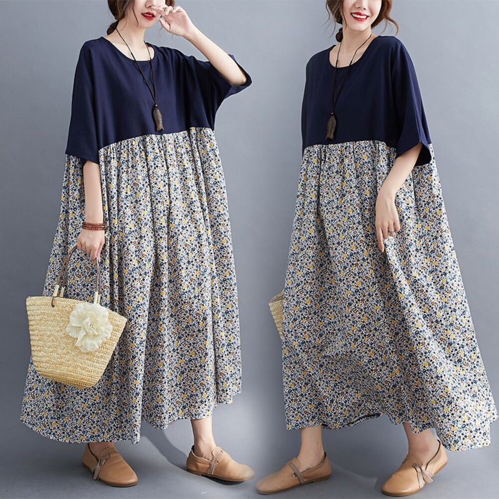 D6666-【D6666】 秋日 實拍 撞色 碎花 中袖 寬鬆 文藝 中大尺碼 洋裝 長裙 短袖 長洋裝