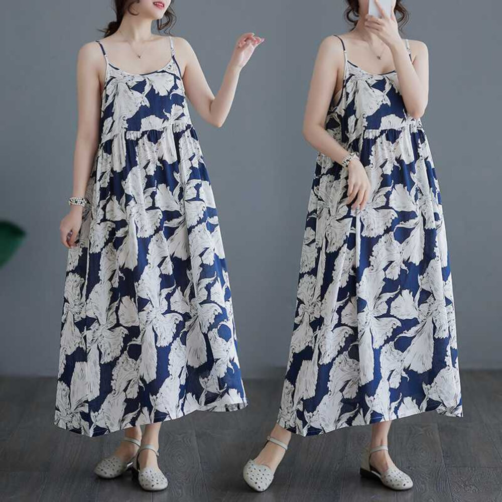 D6688-【D6688】 夏日 度假風  印花 洋裝 縲縈 連身裙 無袖 露肩 森林系 吊帶裙 實拍 A字裙