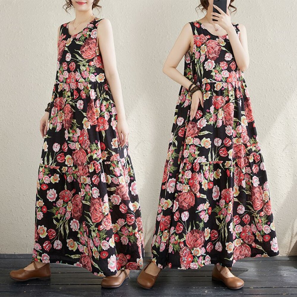 D6781-【D6781】 夏日 度假風 花朵 A字 印花 洋裝 棉麻 連身裙 無袖 亞麻 實拍 文藝