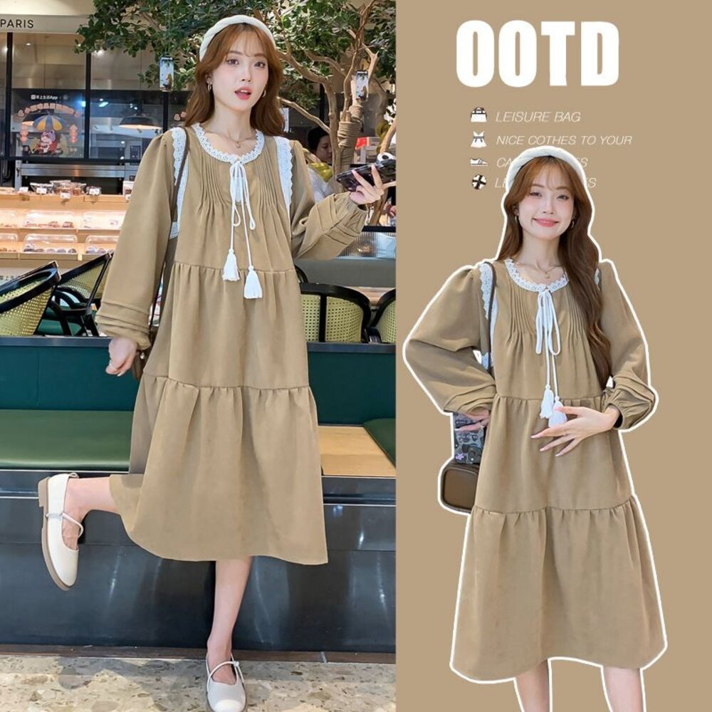 【D6847】 秋冬 長袖 流蘇 繫帶 洋裝  孕婦裝 連身裙 韓系 實拍 封面照片