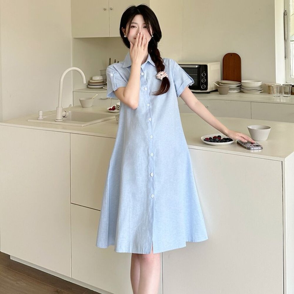 【D7122】 夏日  襯衫洋裝 翻領 開扣可哺乳 襯衫 洋裝 孕婦洋裝 孕婦裝 短袖 長袖 任選-圖片-2