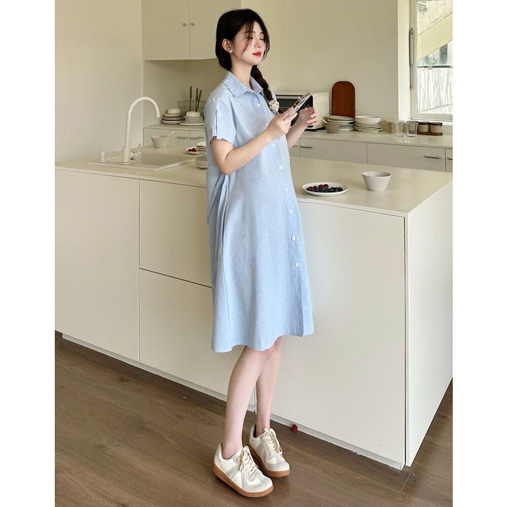 【D7122】 夏日  襯衫洋裝 翻領 開扣可哺乳 襯衫 洋裝 孕婦洋裝 孕婦裝 短袖 長袖 任選-圖片-4