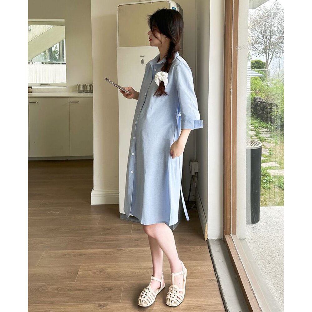【D7122】 夏日  襯衫洋裝 翻領 開扣可哺乳 襯衫 洋裝 孕婦洋裝 孕婦裝 短袖 長袖 任選-圖片-5
