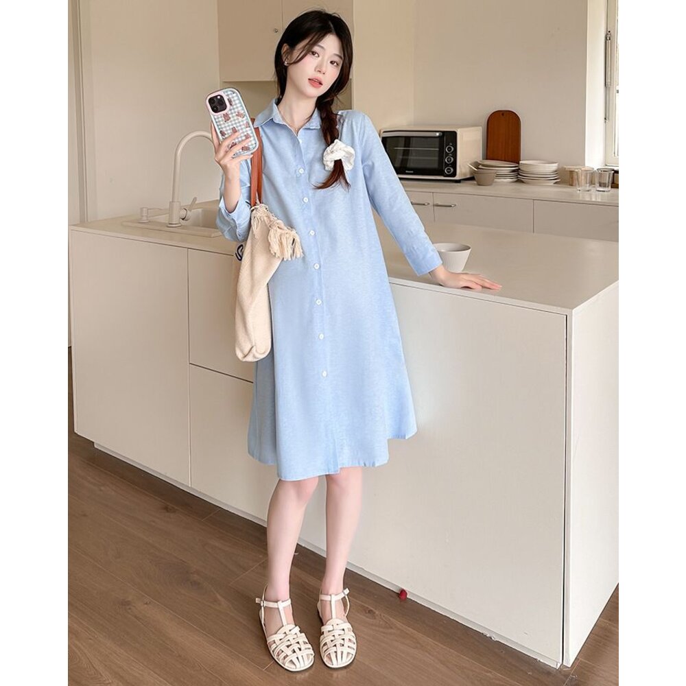 【D7122】 夏日  襯衫洋裝 翻領 開扣可哺乳 襯衫 洋裝 孕婦洋裝 孕婦裝 短袖 長袖 任選-圖片-6