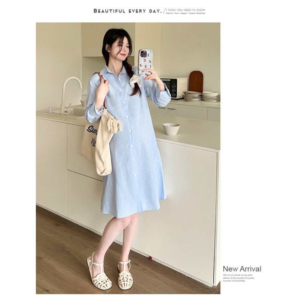 【D7122】 夏日  襯衫洋裝 翻領 開扣可哺乳 襯衫 洋裝 孕婦洋裝 孕婦裝 短袖 長袖 任選-圖片-7