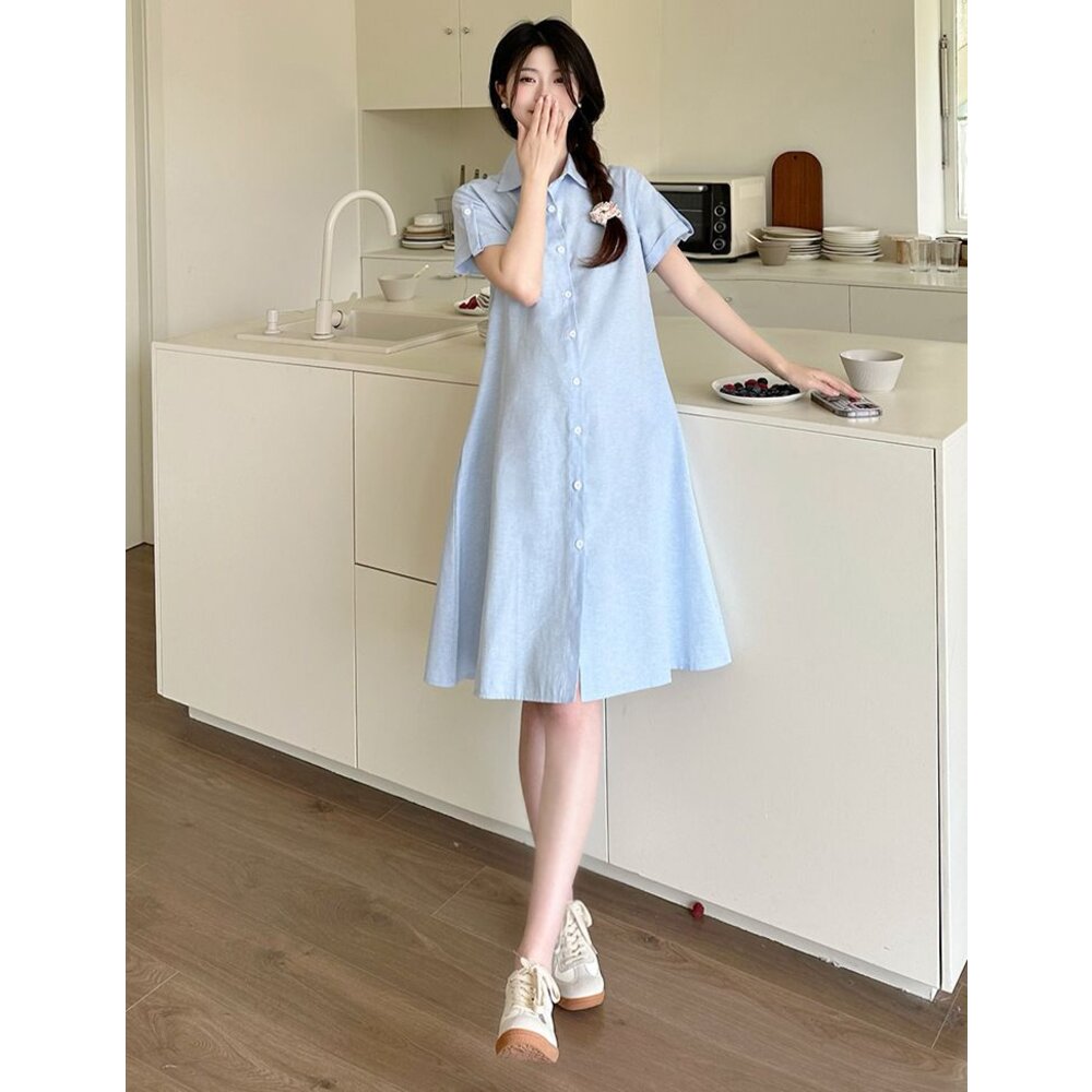 【D7122】 夏日  襯衫洋裝 翻領 開扣可哺乳 襯衫 洋裝 孕婦洋裝 孕婦裝 短袖 長袖 任選-圖片-8