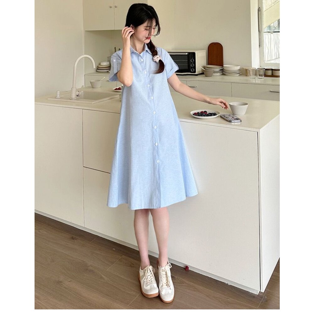 【D7122】 夏日  襯衫洋裝 翻領 開扣可哺乳 襯衫 洋裝 孕婦洋裝 孕婦裝 短袖 長袖 任選-圖片-9