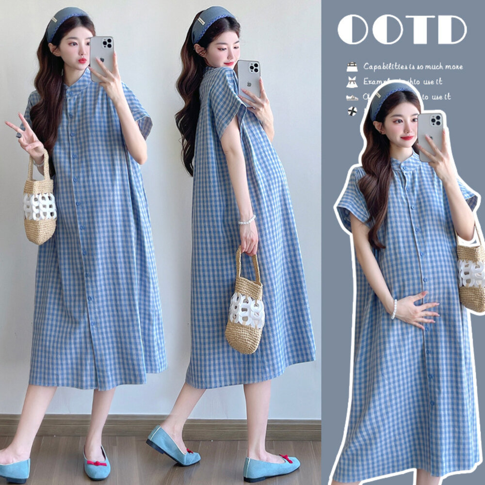 【D7135】 夏日 藍白 格紋 襯衫洋裝 立領 開扣 格子 襯衫 洋裝 孕婦洋裝 孕婦裝 封面照片