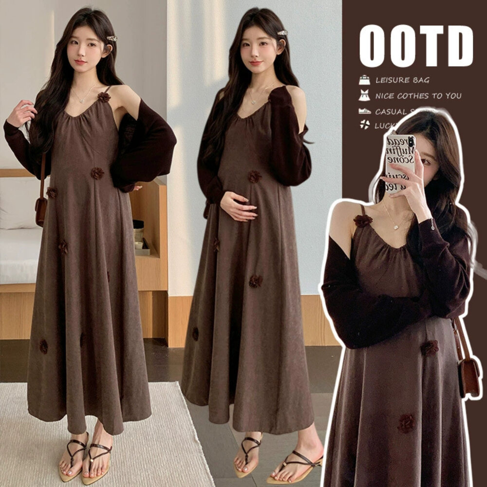 D7155-【D7155】 春夏  細肩 V領 立體 織花 吊帶長裙  吊帶裙 孕婦裝 不含針織外套