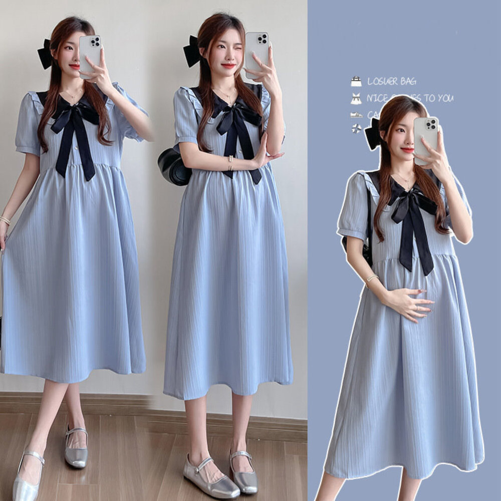 【D7220】 夏日 襯衫洋裝 娃娃領 翻領 綁帶洋裝 孕婦洋裝 孕婦裝 封面照片