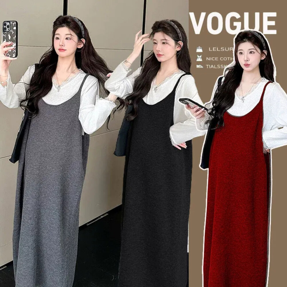  【D7224】秋冬 針織 毛衣 細肩 U領 背心長裙 無袖 吊帶裙 孕婦裝 吊帶連衣長裙 加大 不含上衣