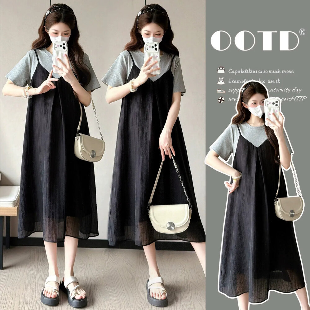  【D7286】 夏日 T恤 拼接 假兩件 吊帶裙造型 A字裙 中長款 洋裝 短袖 孕婦裝 洋裝 實拍