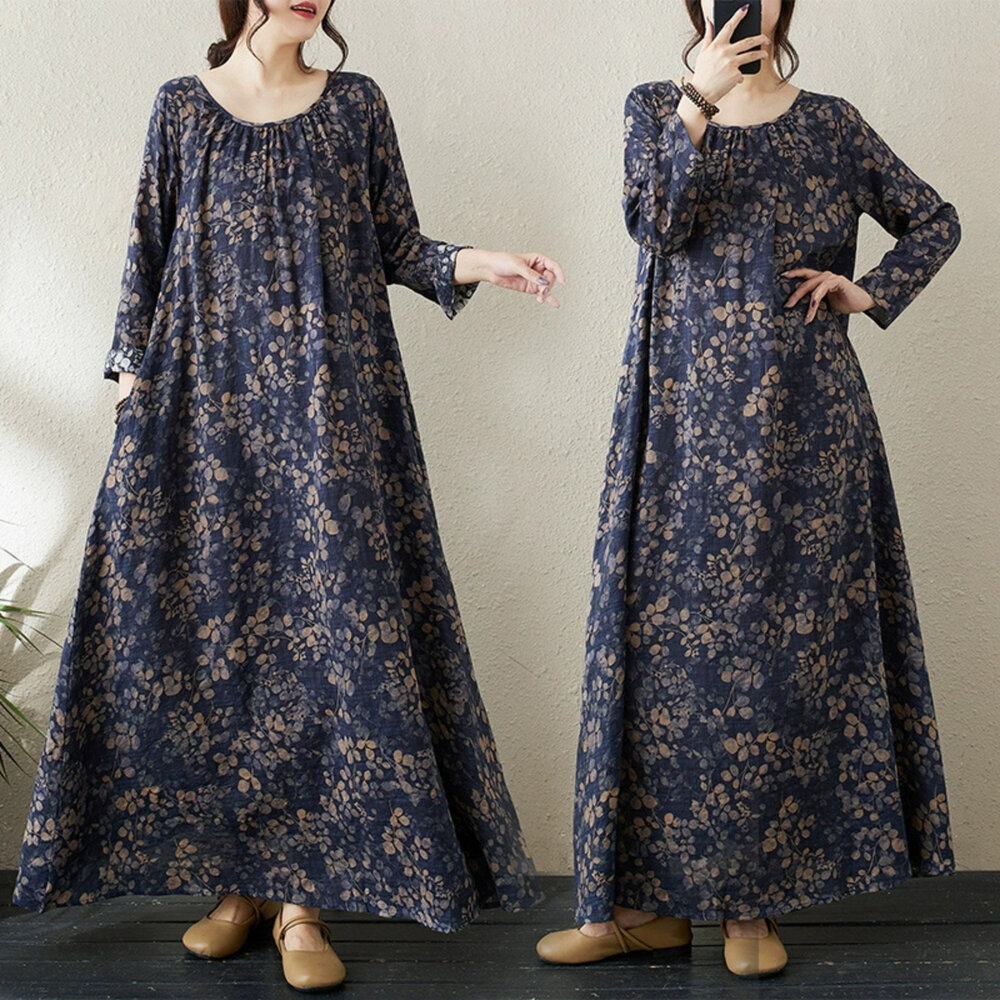  【D7450】 初秋 波西米亞 印花 長袖 連身裙 洋裝 寬鬆 長洋裝 實拍 文藝 中大尺碼