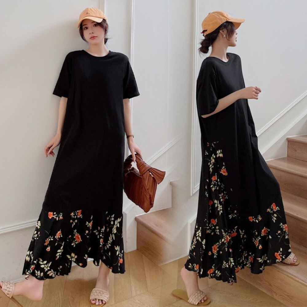 【D7562】 夏日 假兩件 韓系 拼接 壓褶 碎花 短袖 印花 連身裙 洋裝 長裙 連衣裙 實拍 封面照片