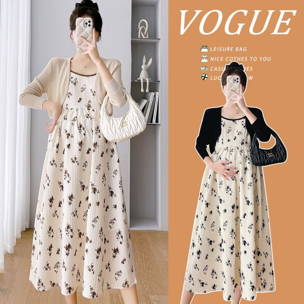 D7750-【D7750】 春夏 法式 碎花 吊带洋裝 長裙 連身裙 實拍  (不含針織外套)