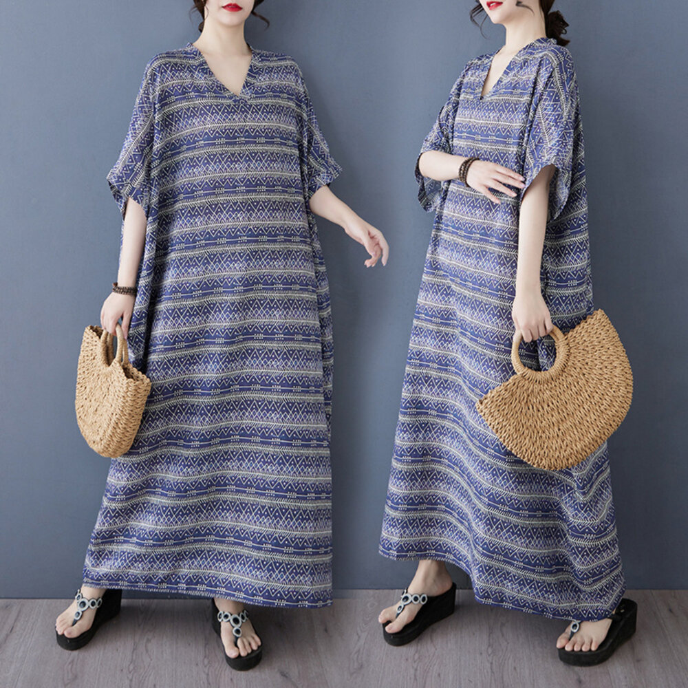 D8007-【D8007】 夏日 度假風 V領 印花 洋裝  縲縈 連身裙 短袖 實拍 文藝 長裙 加大尺碼