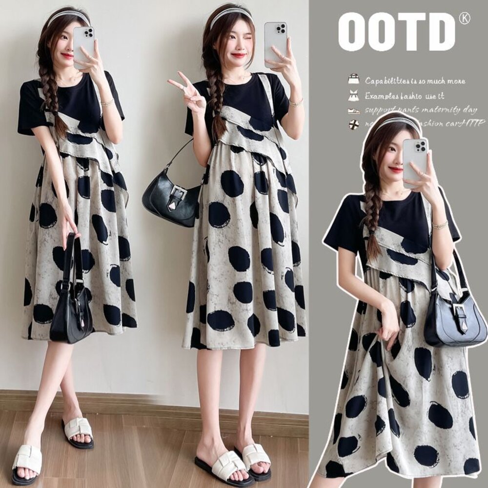 D8020-【D8020】 夏日 波點 假兩件 拼接 吊帶裙造型 A字裙 中長款 洋裝 短袖 孕婦裝 洋裝 實拍