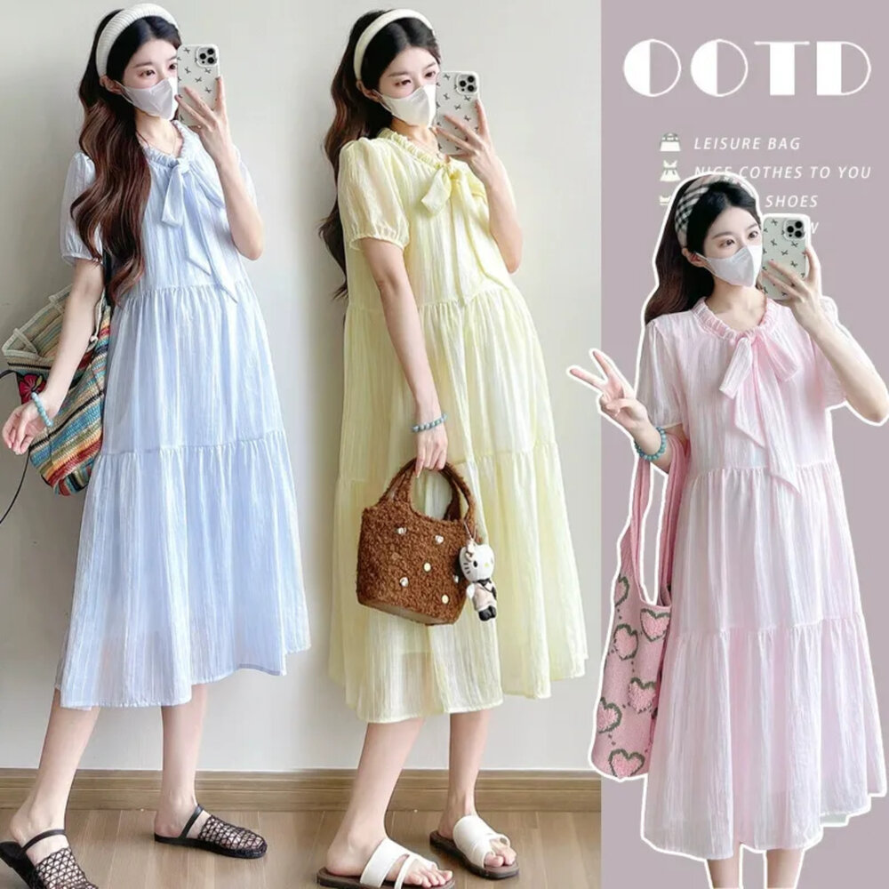 D8153-【D8153】 夏日 韓系蝴蝶結 繫帶 實拍 短袖洋裝 泡泡 短袖 孕婦長裙 孕婦裝 娃娃裝