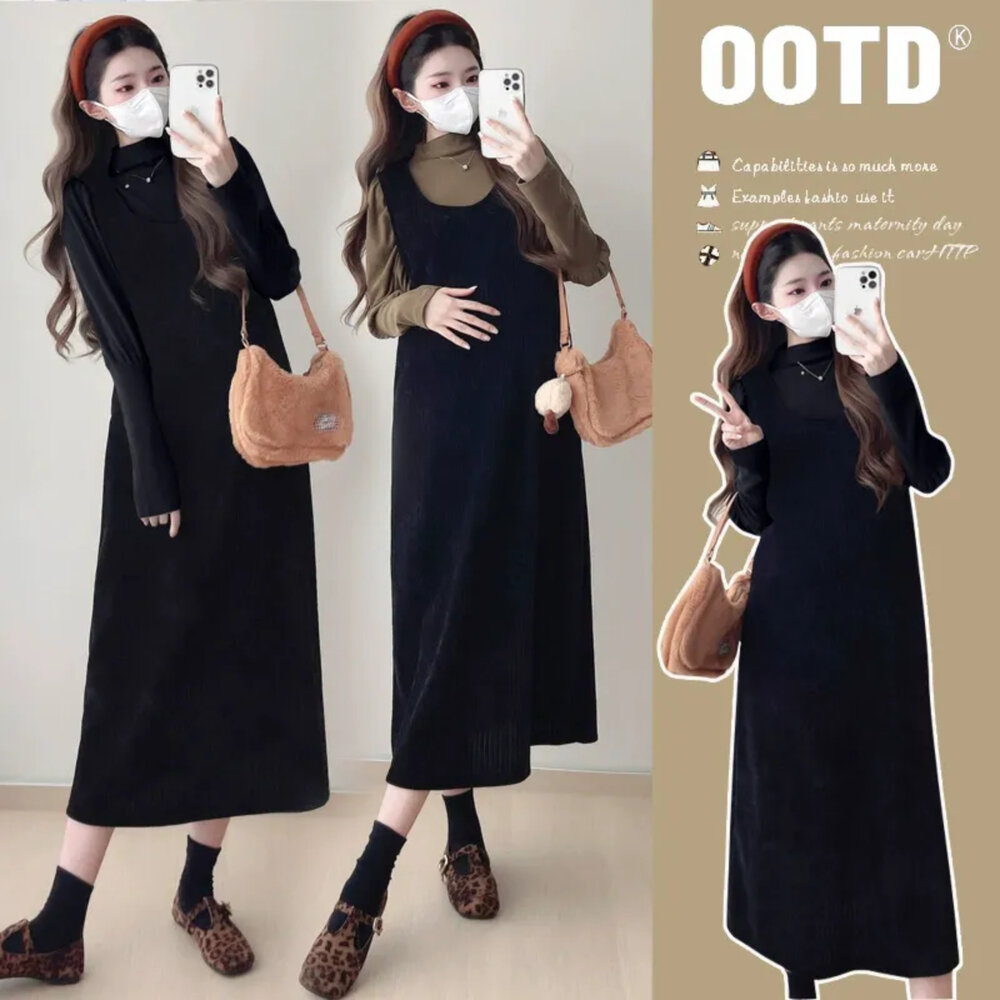  【D8236】 秋冬 格紋棉質 韓系 背心裙  質感 無袖 孕婦裝 長裙 實拍 背心長裙